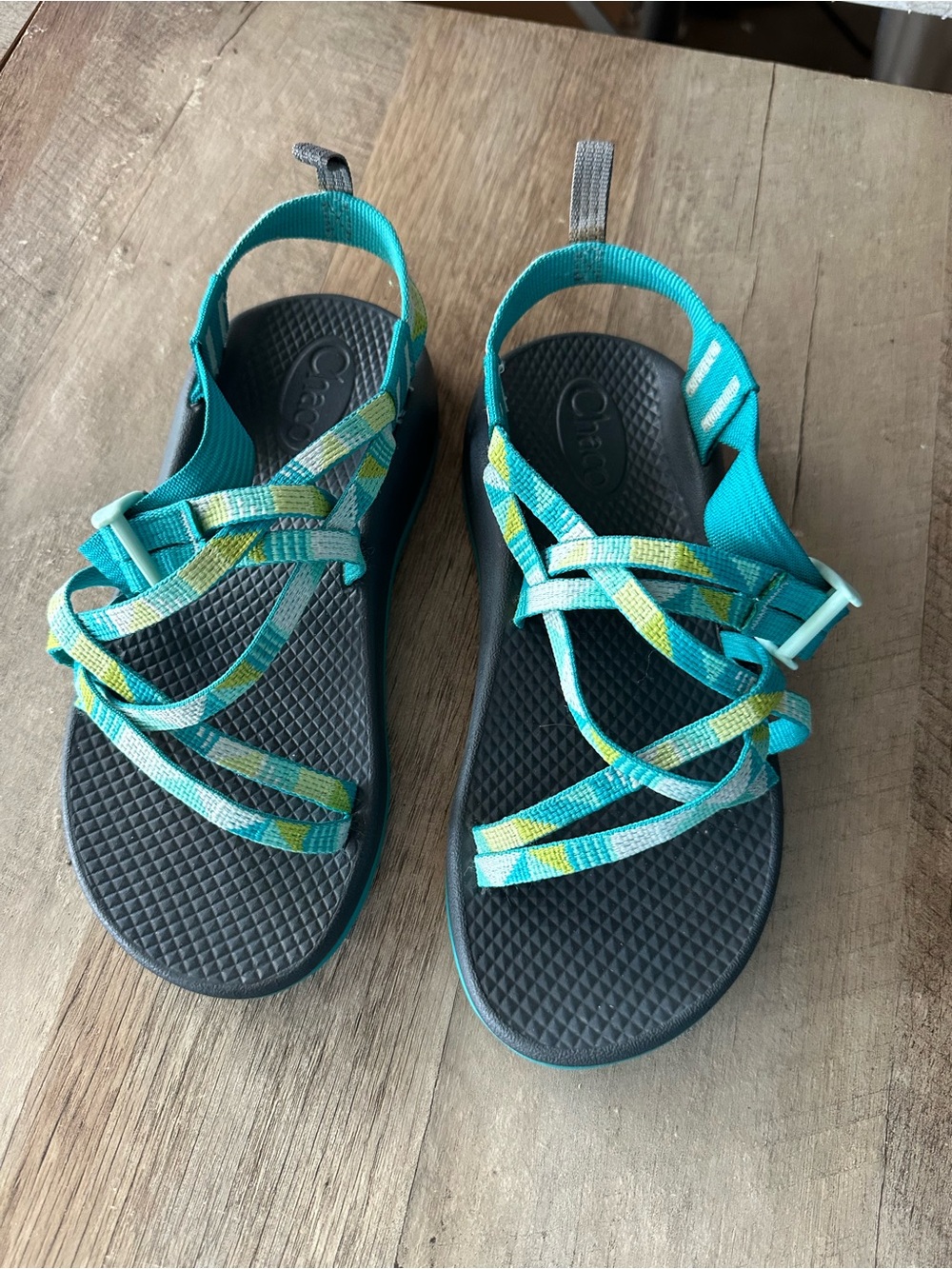 Chaco Teal and Aqua Patterned Strap Sandals